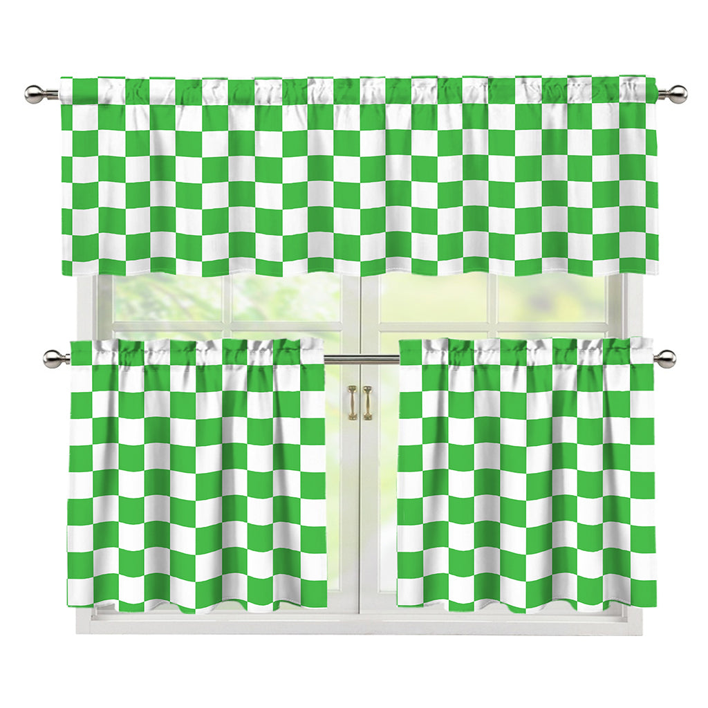 White And Green Checkered Print 3 Piece Kitchen Curtains