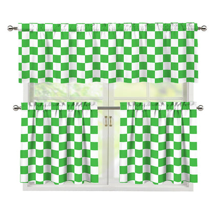 White And Green Checkered Print 3 Piece Kitchen Curtains