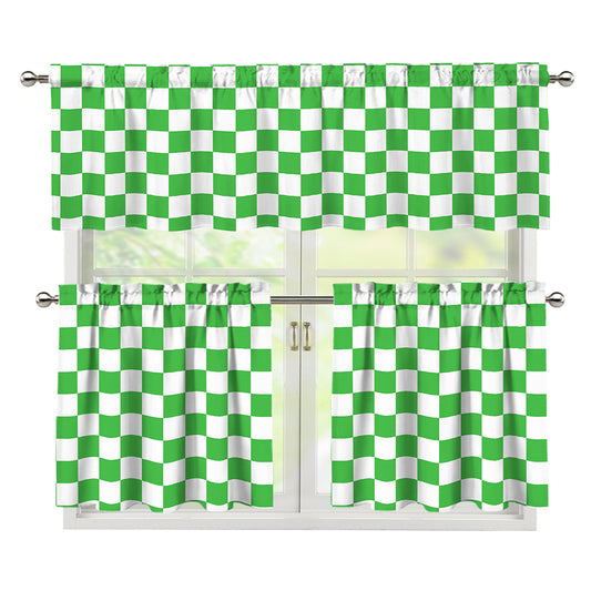 White And Green Checkered Print 3 Piece Kitchen Curtains