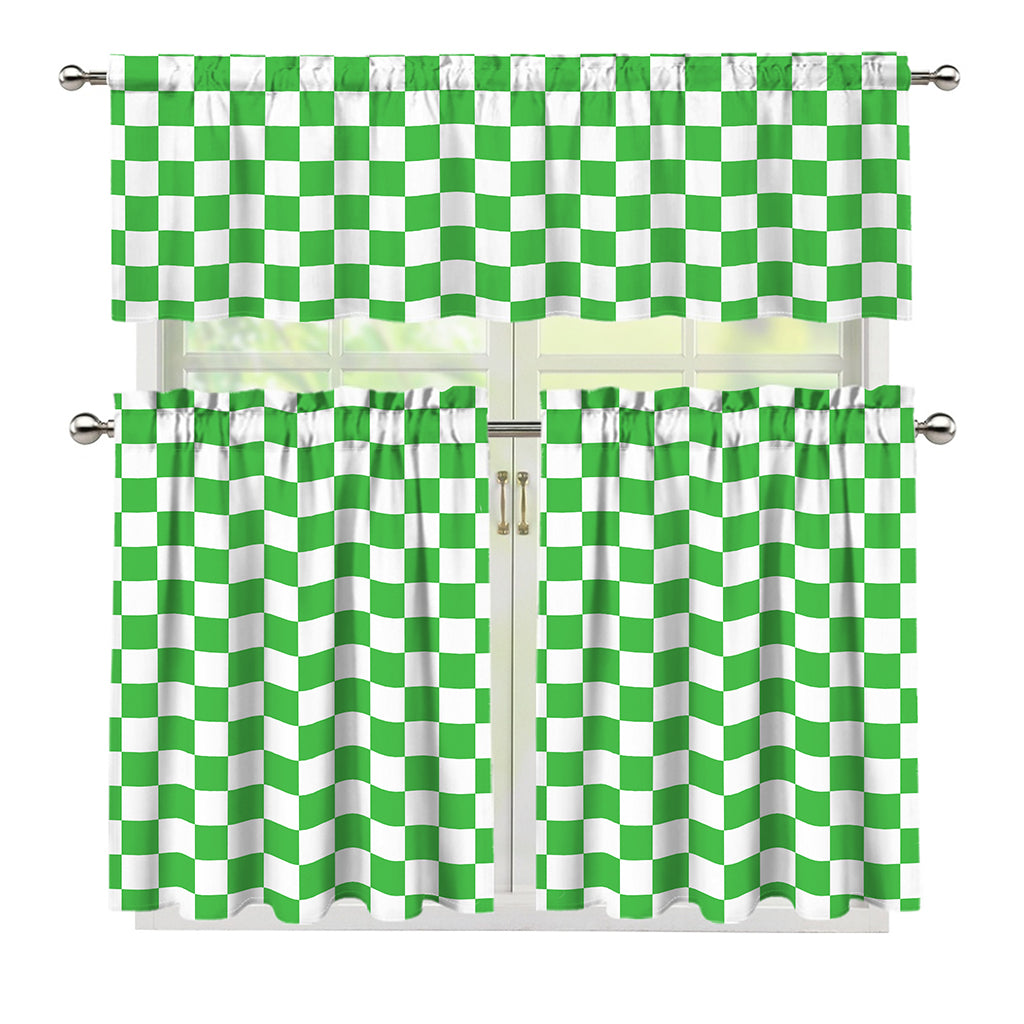 White And Green Checkered Print 3 Piece Kitchen Curtains