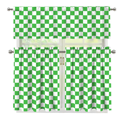 White And Green Checkered Print 3 Piece Kitchen Curtains