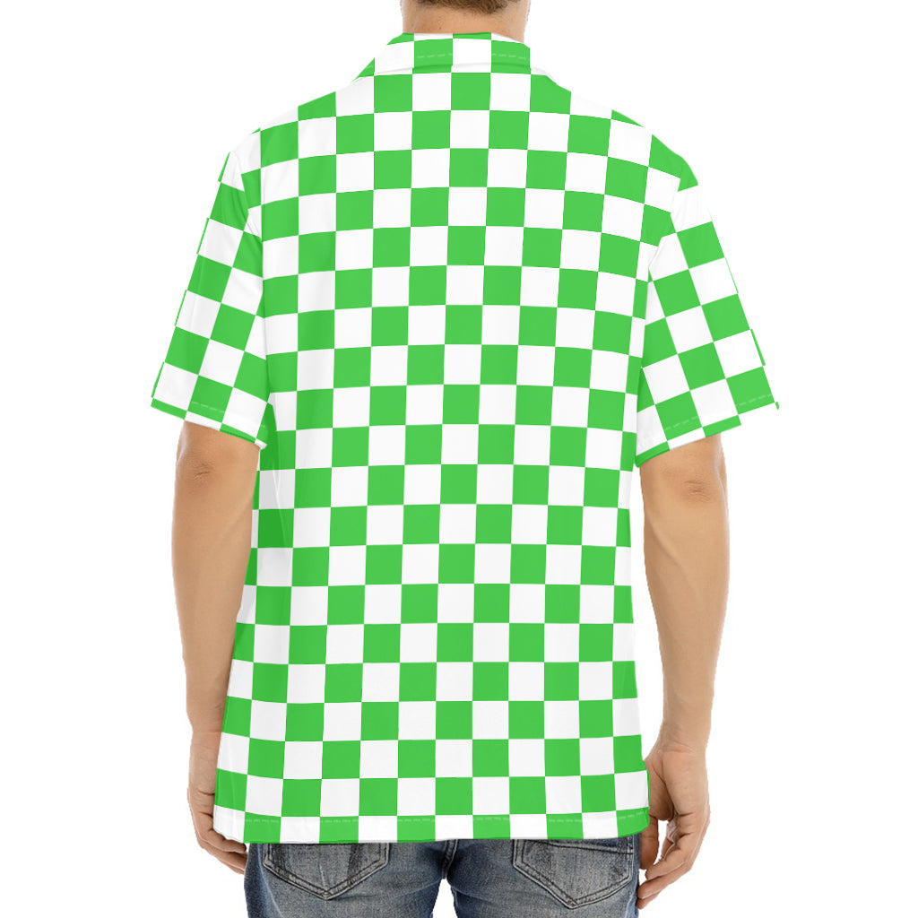 White And Green Checkered Print Aloha Shirt
