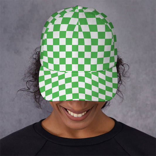 White And Green Checkered Print Baseball Cap