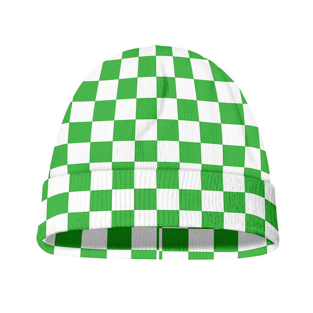 White And Green Checkered Print Beanie