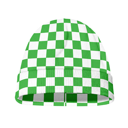White And Green Checkered Print Beanie