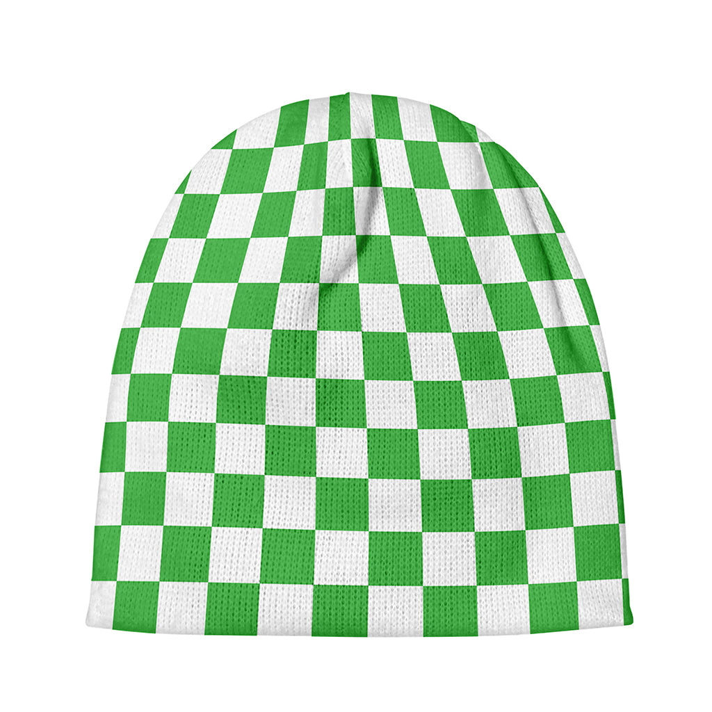 White And Green Checkered Print Beanie