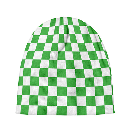 White And Green Checkered Print Beanie