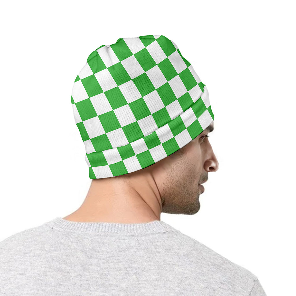 White And Green Checkered Print Beanie