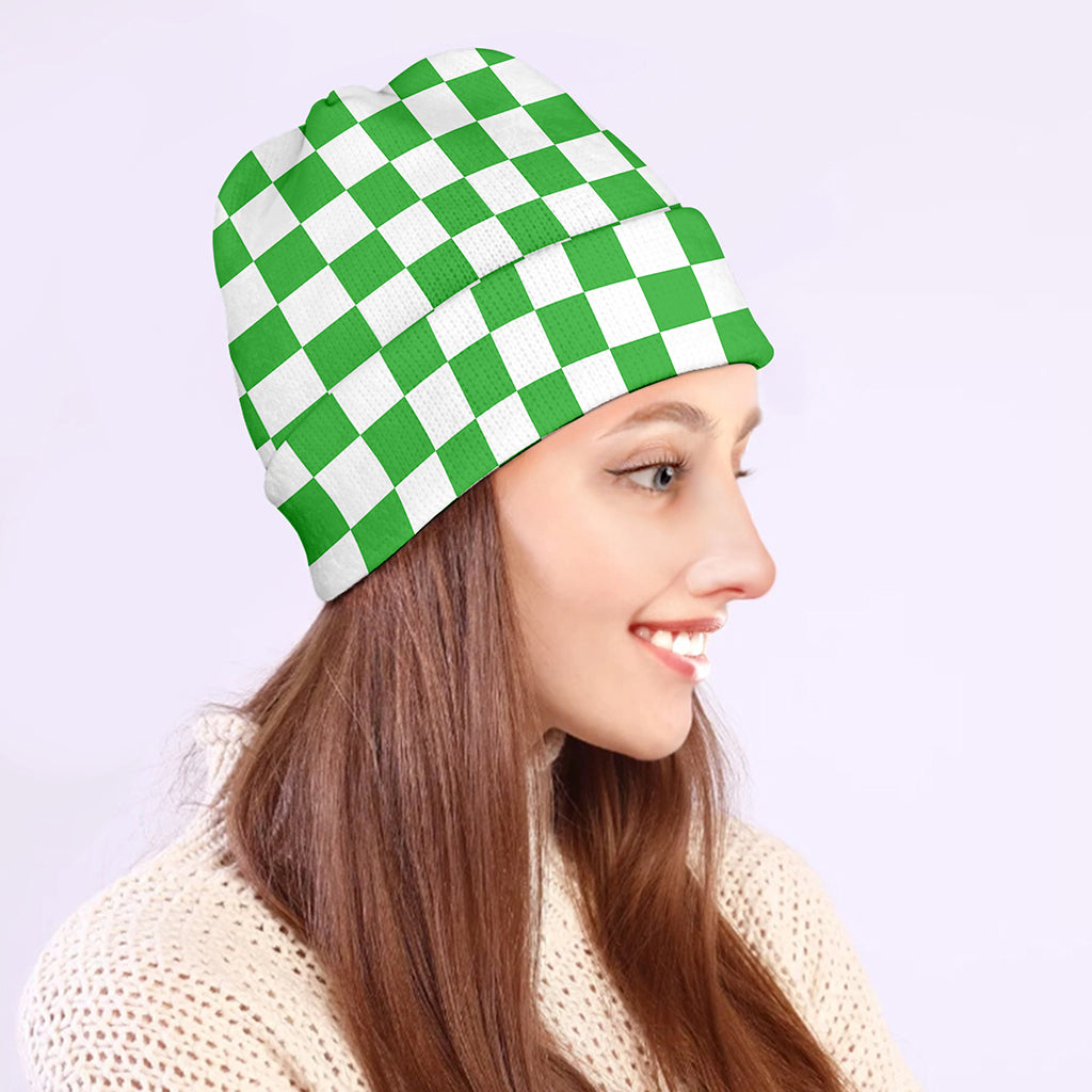 White And Green Checkered Print Beanie