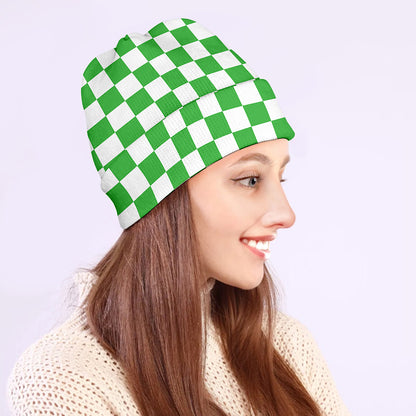 White And Green Checkered Print Beanie