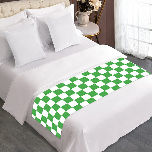 White And Green Checkered Print Bed Runner