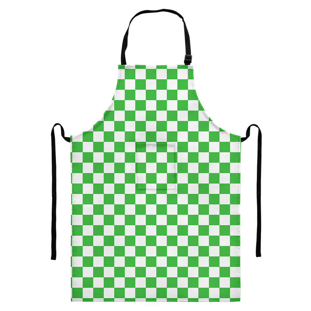 White And Green Checkered Print Bib Apron With Pocket