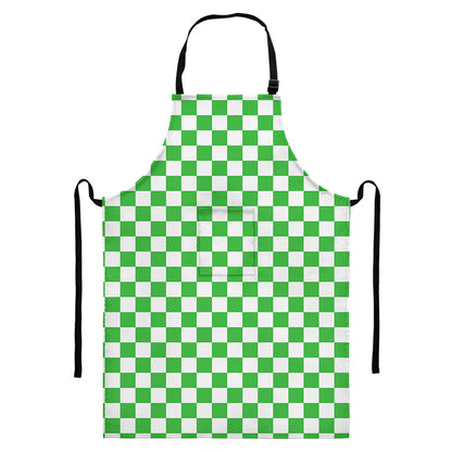 White And Green Checkered Print Bib Apron With Pocket