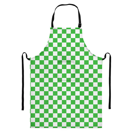 White And Green Checkered Print Bib Apron With Pocket