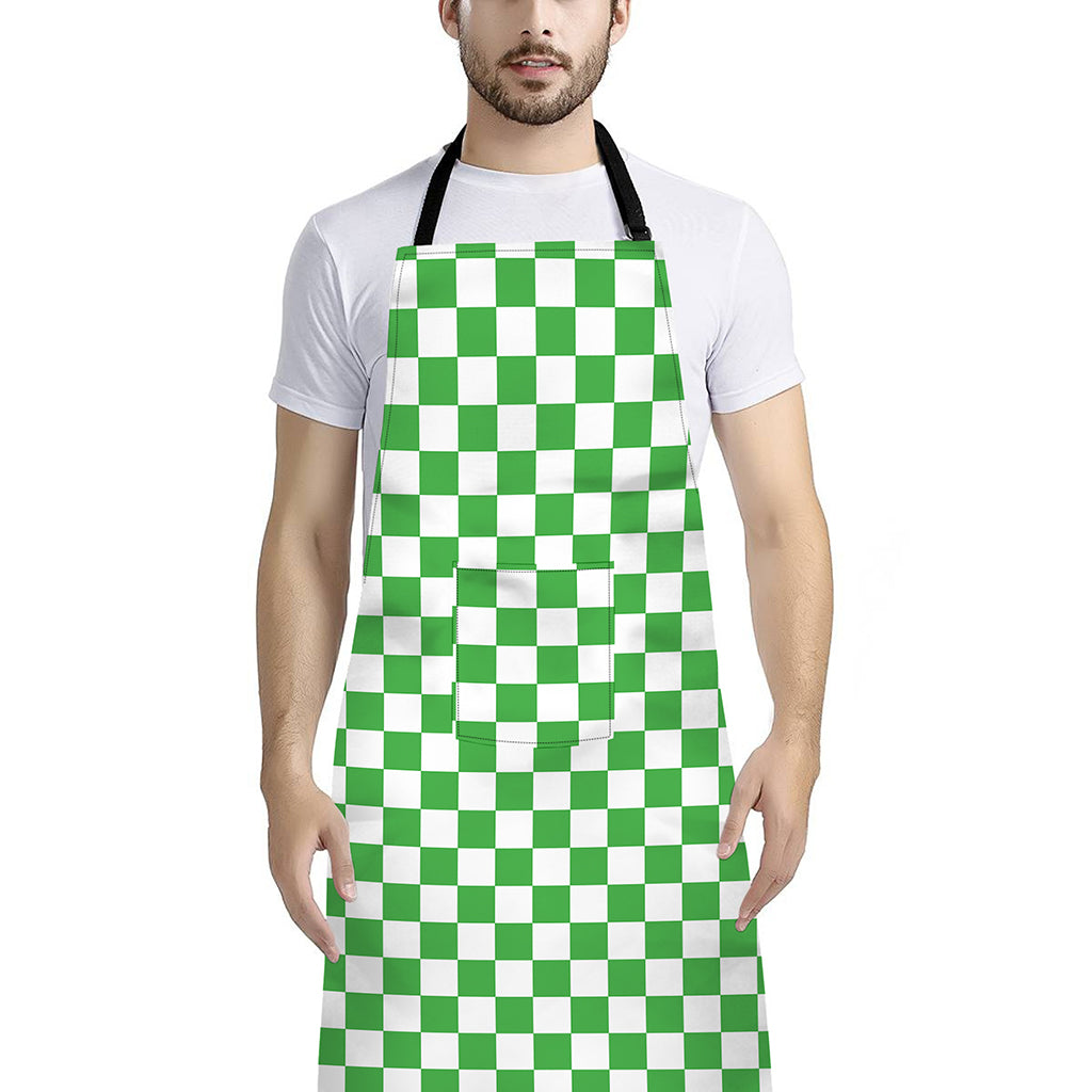 White And Green Checkered Print Bib Apron With Pocket