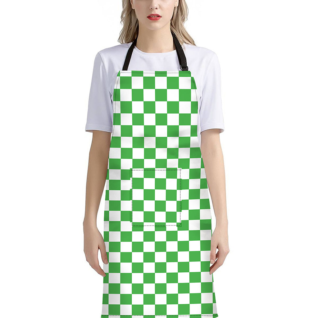 White And Green Checkered Print Bib Apron With Pocket