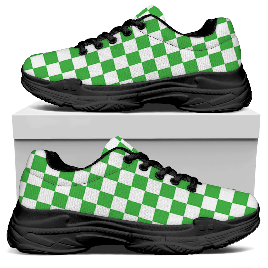 White And Green Checkered Print Black Chunky Shoes
