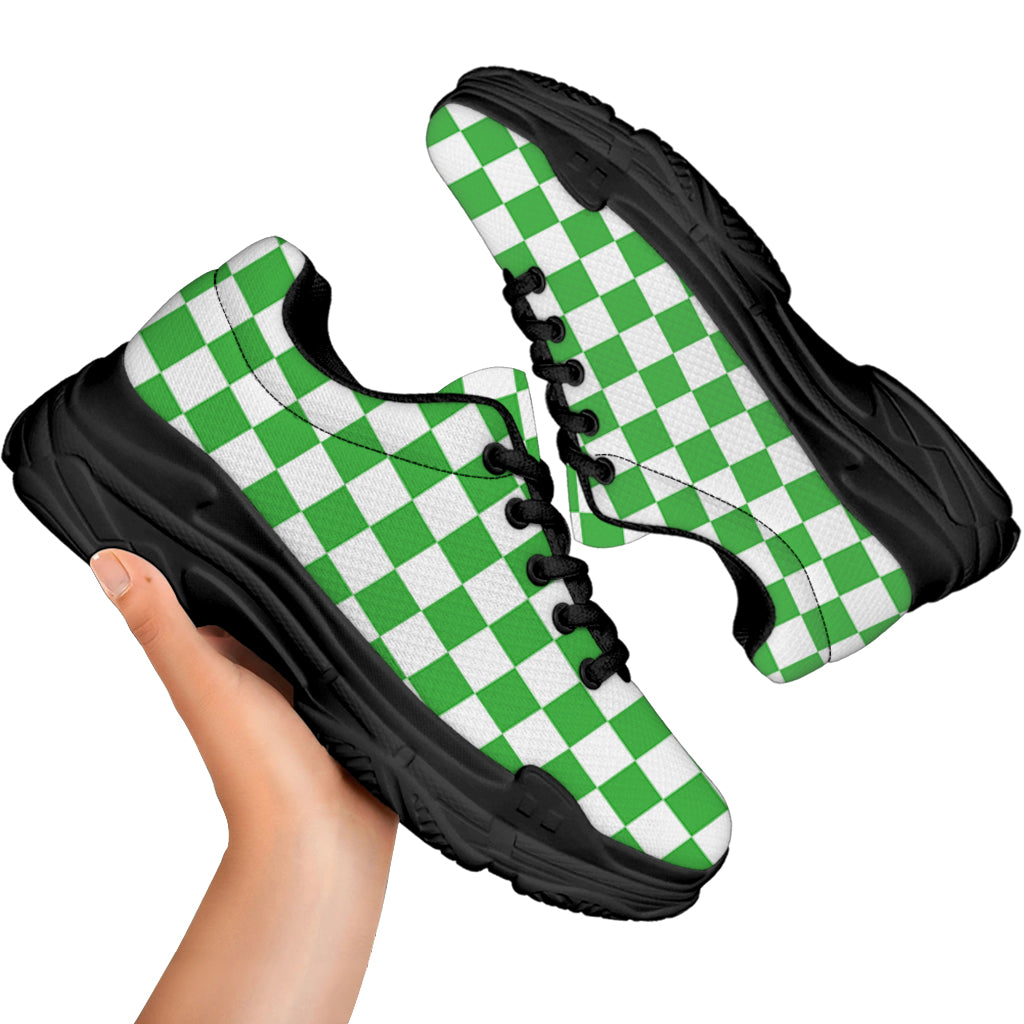 White And Green Checkered Print Black Chunky Shoes