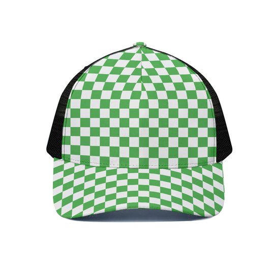 White And Green Checkered Print Black Mesh Trucker Cap