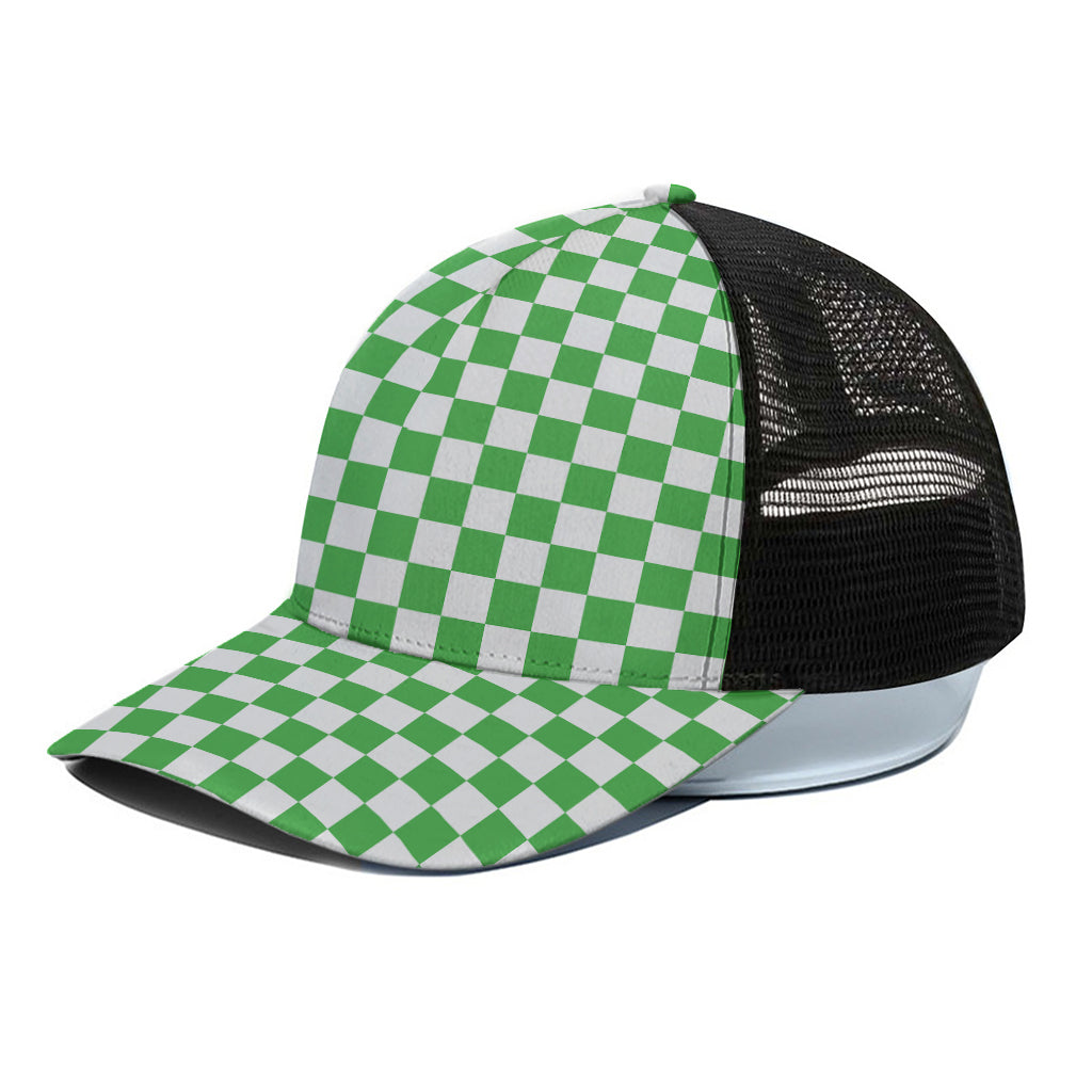 White And Green Checkered Print Black Mesh Trucker Cap