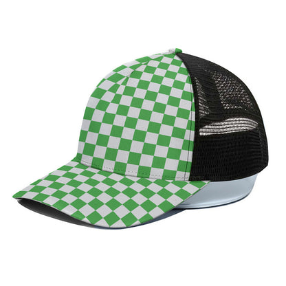 White And Green Checkered Print Black Mesh Trucker Cap