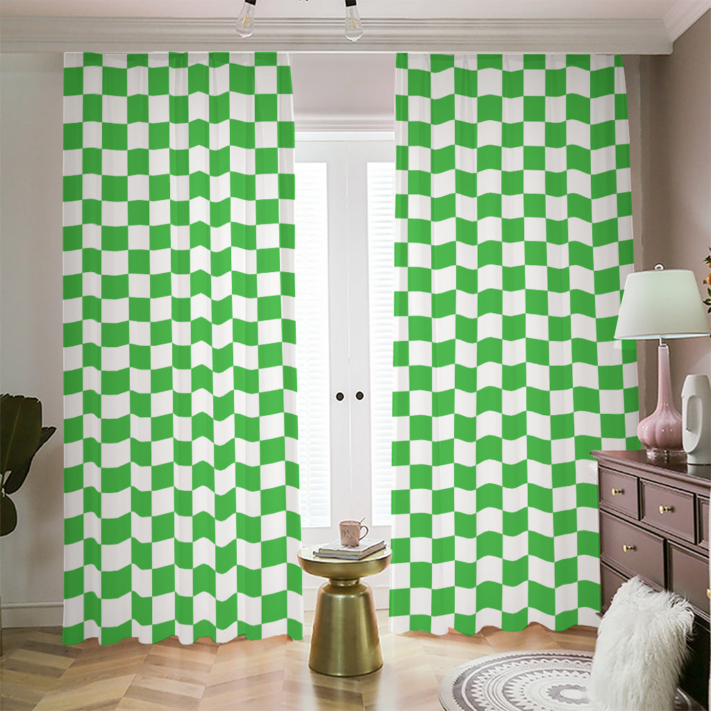 White And Green Checkered Print Blackout Pencil Pleat Curtains