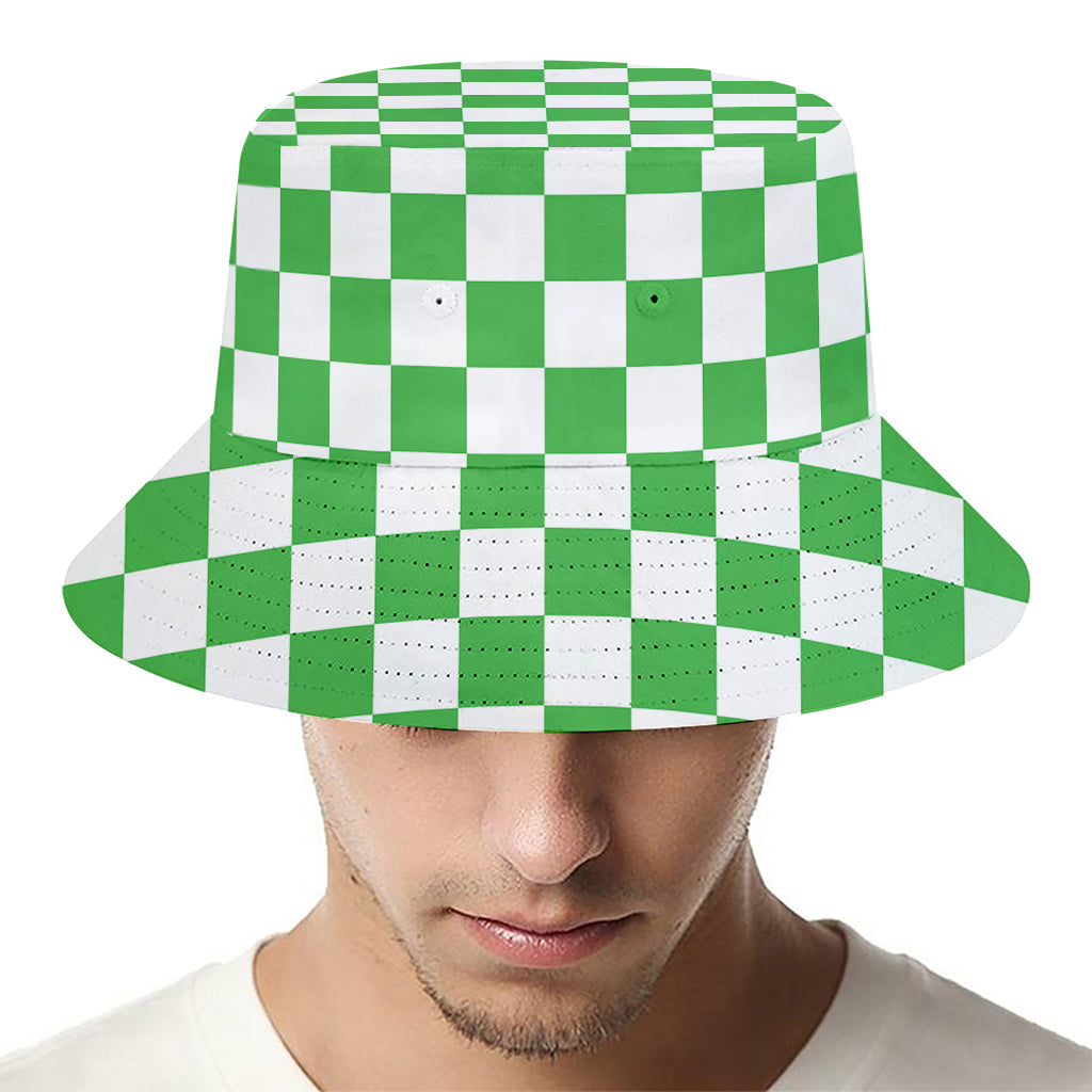 White And Green Checkered Print Bucket Hat