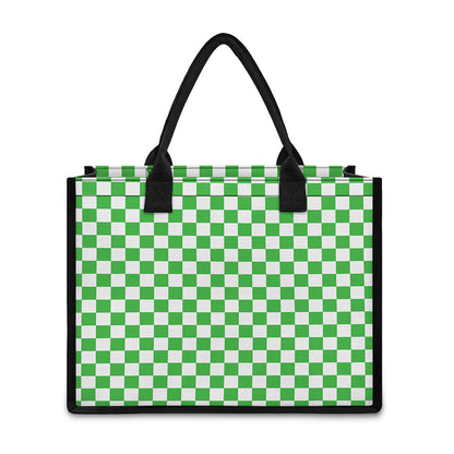 White And Green Checkered Print Canvas Tote Bag