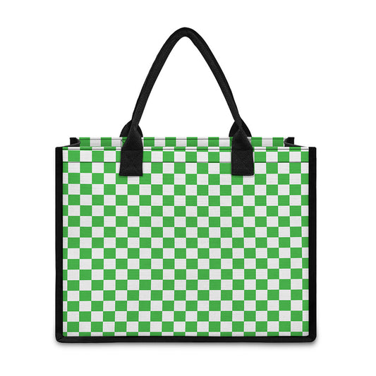 White And Green Checkered Print Canvas Tote Bag