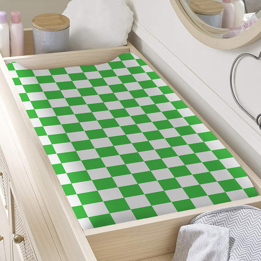 White And Green Checkered Print Changing Pad Cover