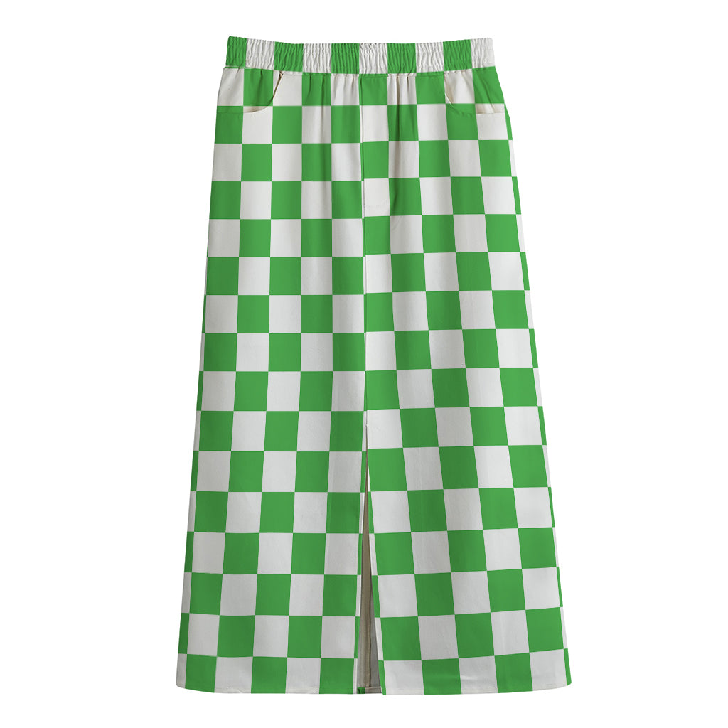 White And Green Checkered Print Cotton Front Slit Maxi Skirt