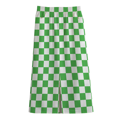 White And Green Checkered Print Cotton Front Slit Maxi Skirt