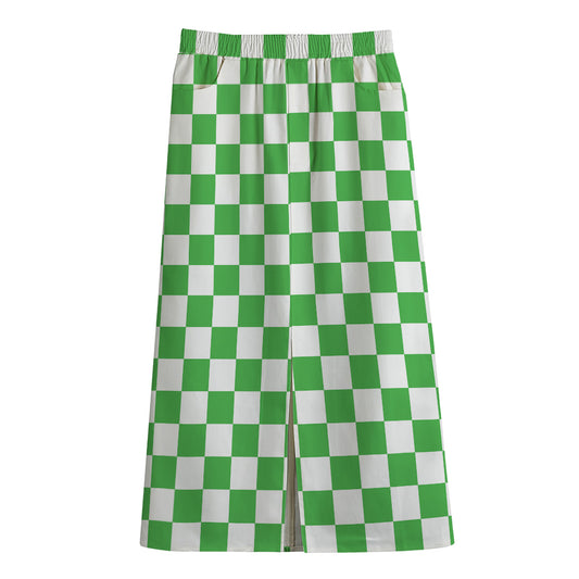 White And Green Checkered Print Cotton Front Slit Maxi Skirt