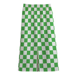 White And Green Checkered Print Cotton Front Slit Maxi Skirt