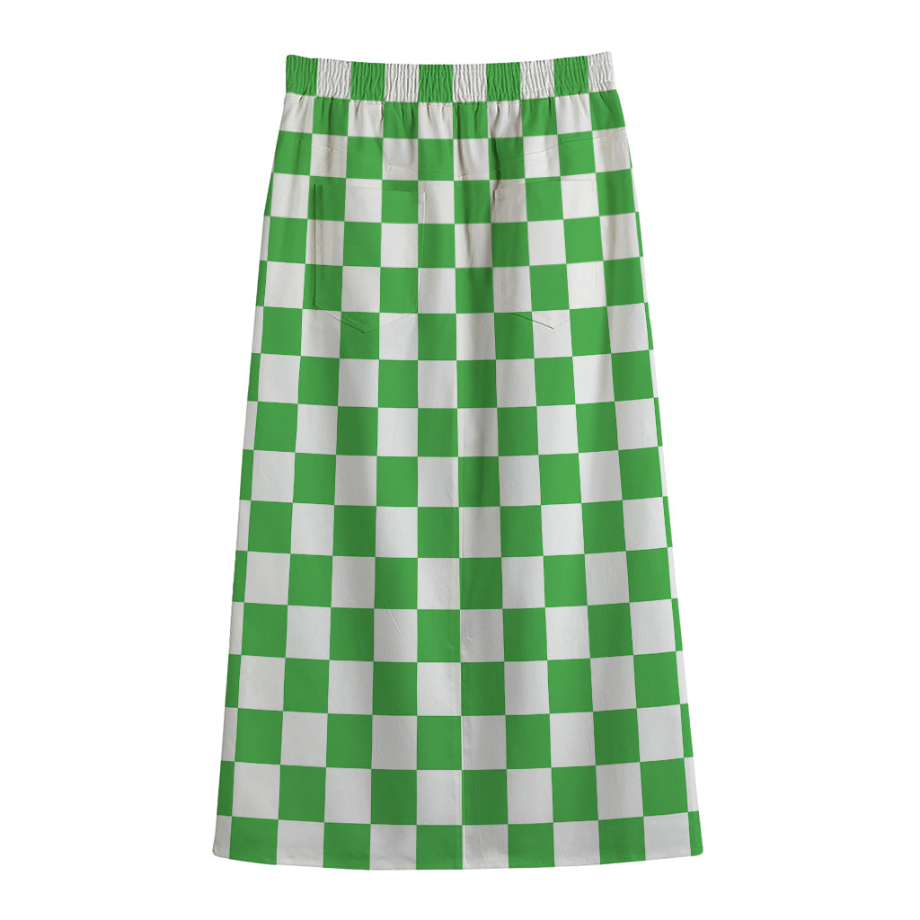 White And Green Checkered Print Cotton Front Slit Maxi Skirt