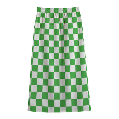 White And Green Checkered Print Cotton Front Slit Maxi Skirt