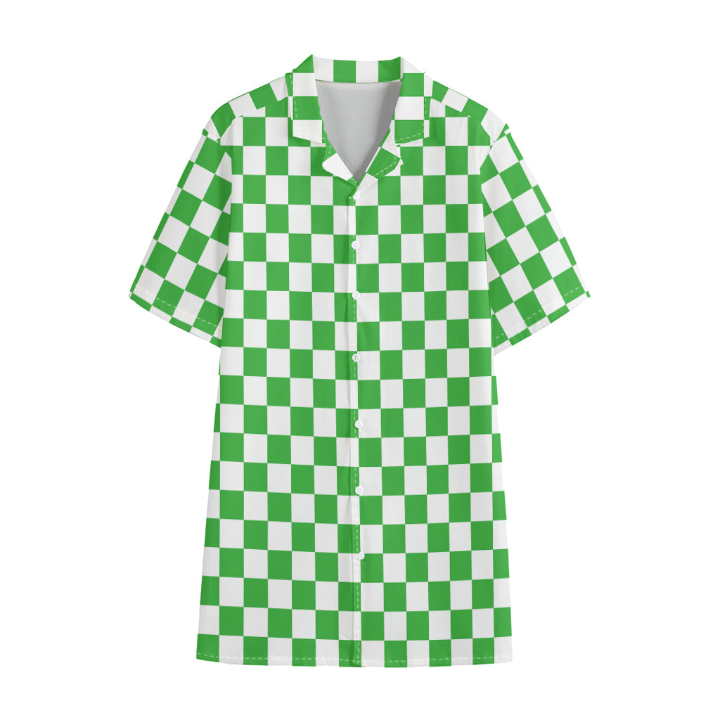 White And Green Checkered Print Cotton Hawaiian Shirt