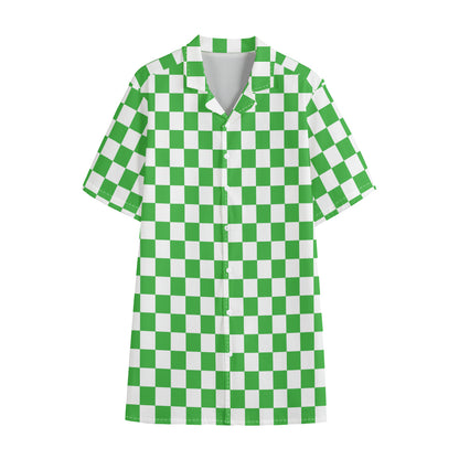 White And Green Checkered Print Cotton Hawaiian Shirt