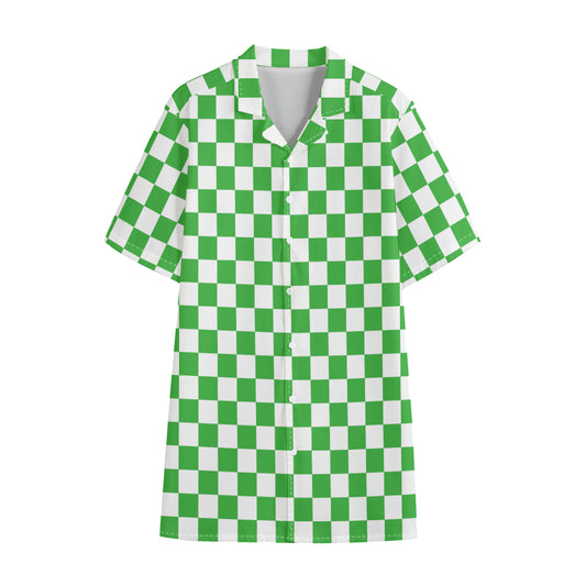 White And Green Checkered Print Cotton Hawaiian Shirt