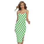 White And Green Checkered Print Cross Back Cami Dress