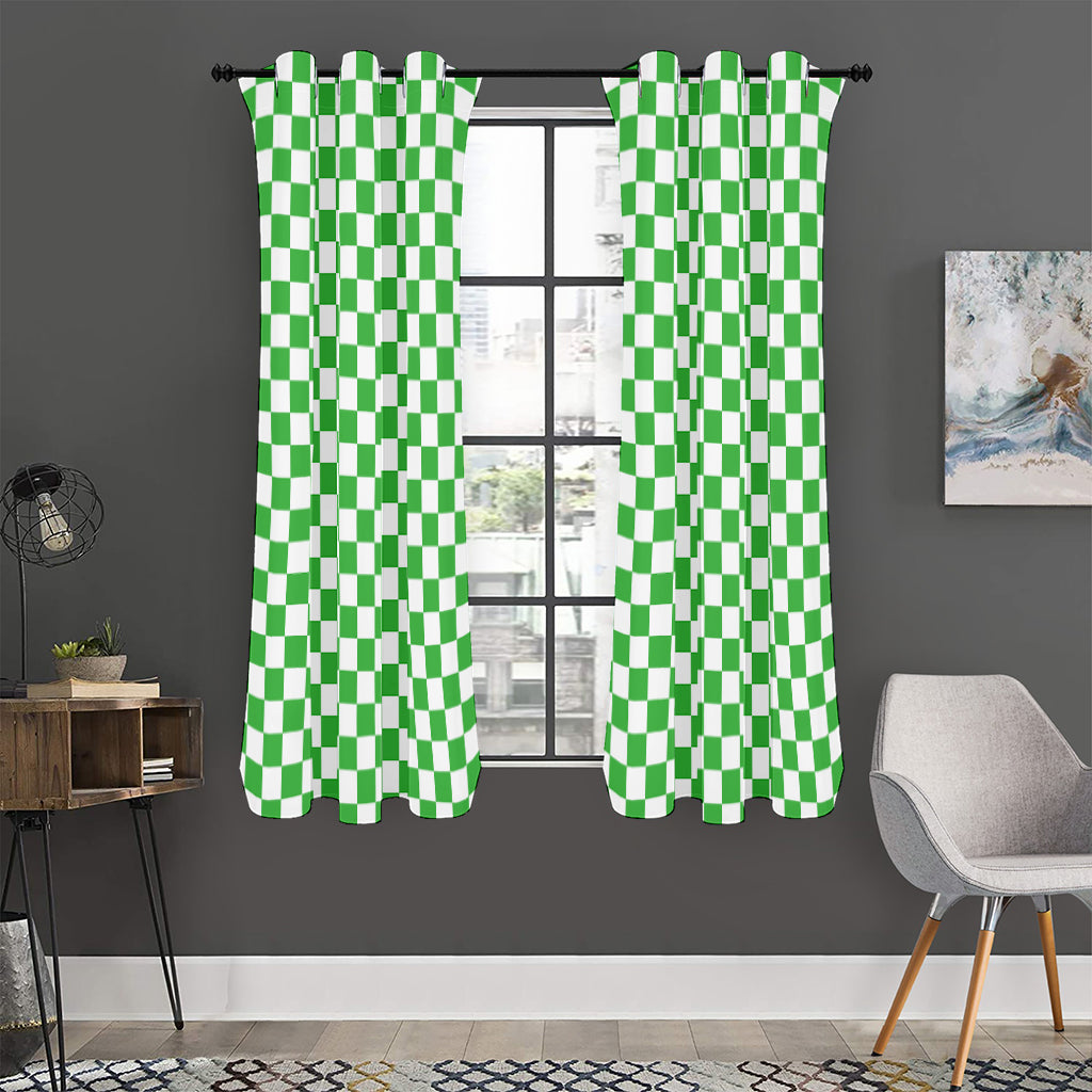 White And Green Checkered Print Curtain