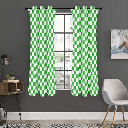 White And Green Checkered Print Curtain