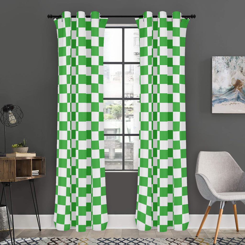 White And Green Checkered Print Curtain