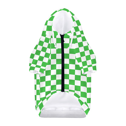 White And Green Checkered Print Dog Zip Up Hoodie