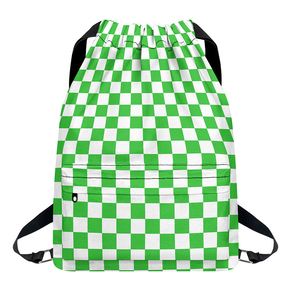 White And Green Checkered Print Drawstring Backpack