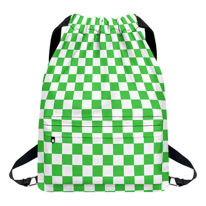 White And Green Checkered Print Drawstring Backpack