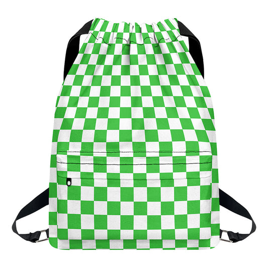White And Green Checkered Print Drawstring Backpack