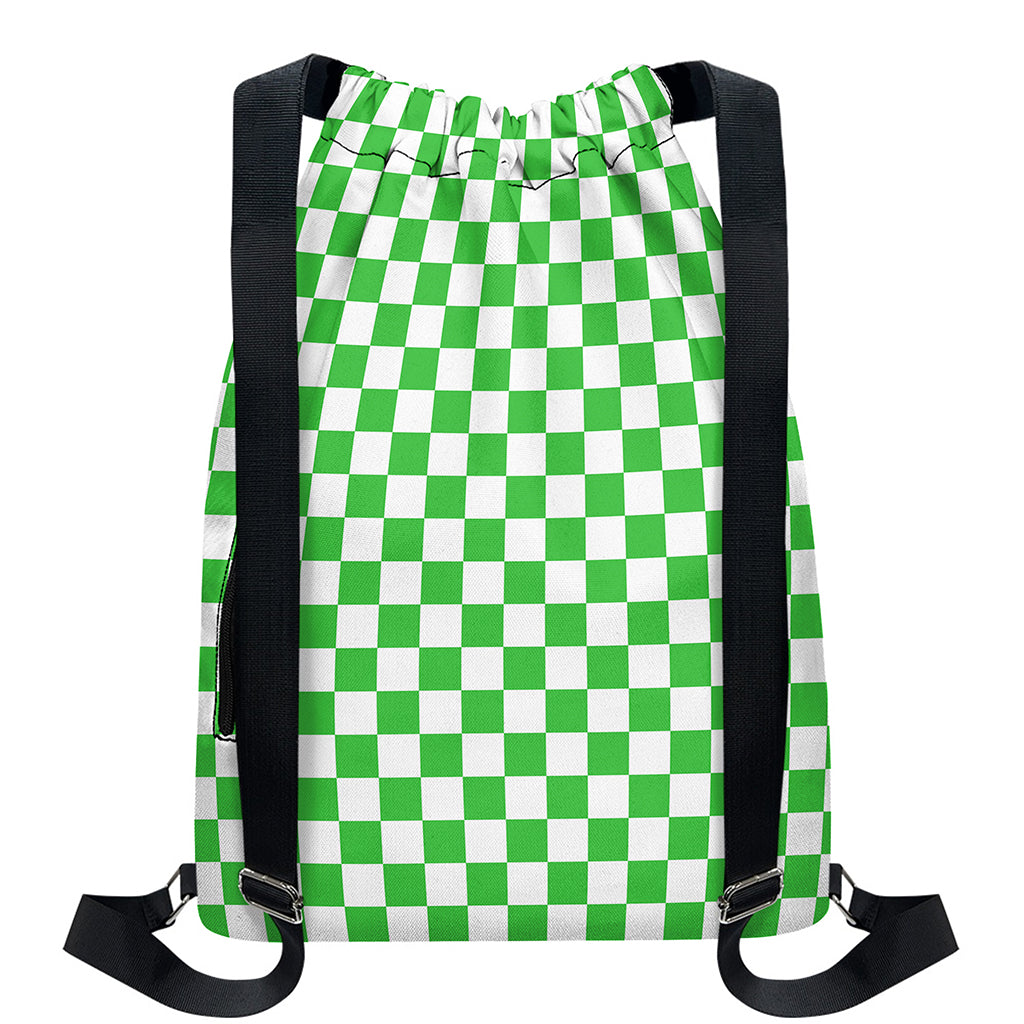 White And Green Checkered Print Drawstring Backpack