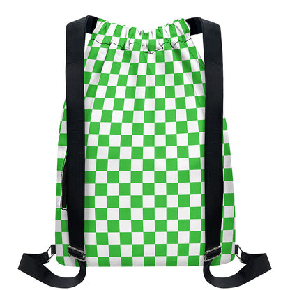 White And Green Checkered Print Drawstring Backpack