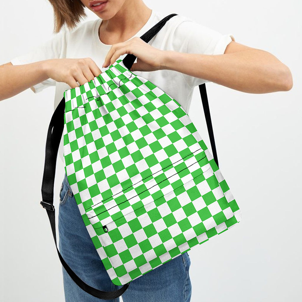 White And Green Checkered Print Drawstring Backpack